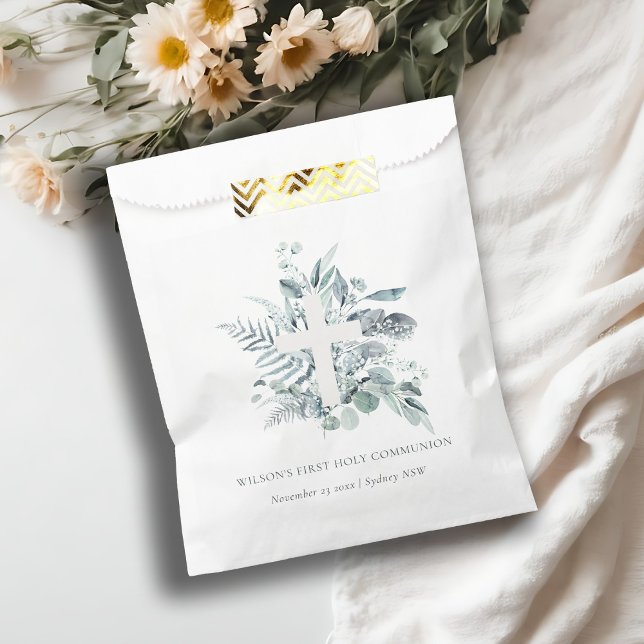 Eucalyptus Fern Foliage Cross First Holy Communion Favor Bag (Creator Uploaded)