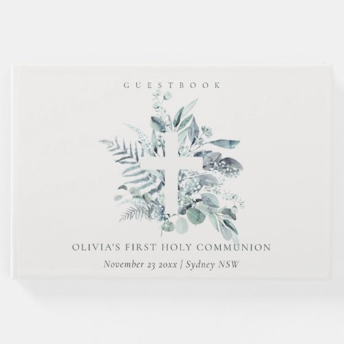 Eucalyptus Fern Foliage Cross First Holy Communion Guest Book