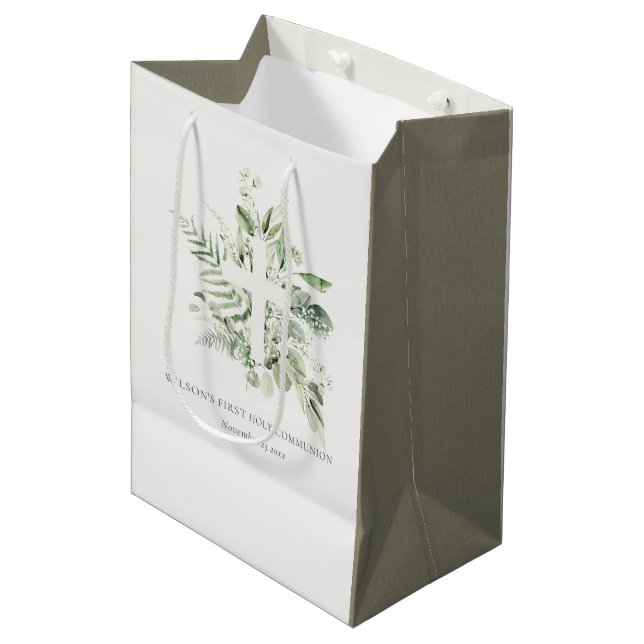 Eucalyptus Fern Foliage Cross First Holy Communion Medium Gift Bag (Front Angled)