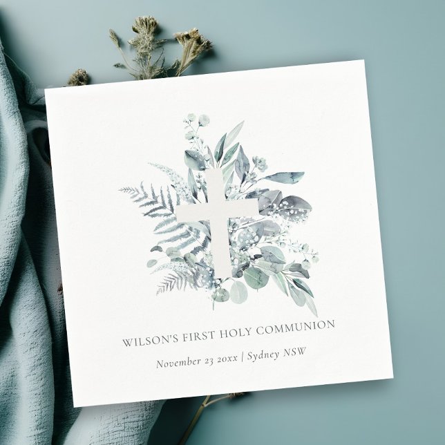 Eucalyptus Fern Foliage Cross First Holy Communion Napkins (Creator Uploaded)