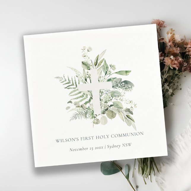 Eucalyptus Fern Foliage Cross First Holy Communion Napkins (Creator Uploaded)