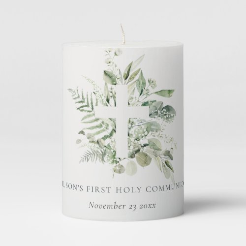 Eucalyptus Fern Foliage Cross First Holy Communion Pillar Candle