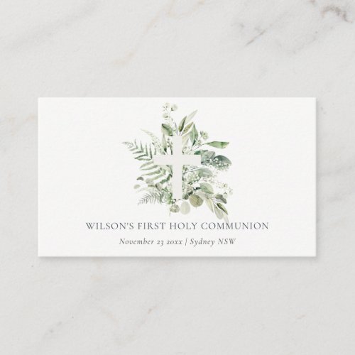Eucalyptus Fern Foliage Cross First Holy Communion Place Card