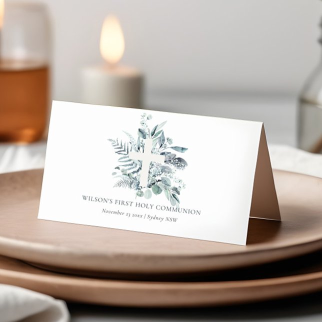 Eucalyptus Fern Foliage Cross First Holy Communion Place Card (Creator Uploaded)