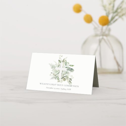 Eucalyptus Fern Foliage Cross First Holy Communion Place Card