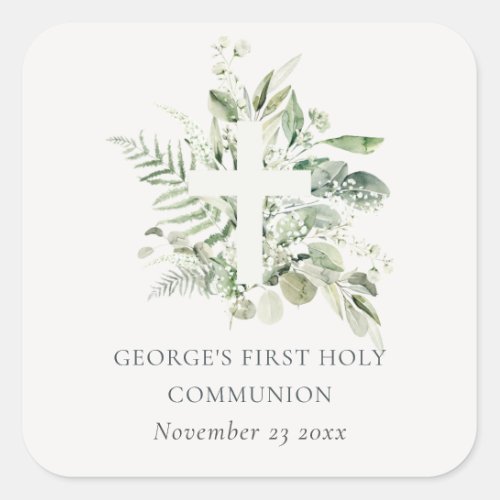 Eucalyptus Fern Foliage Cross First Holy Communion Square Sticker