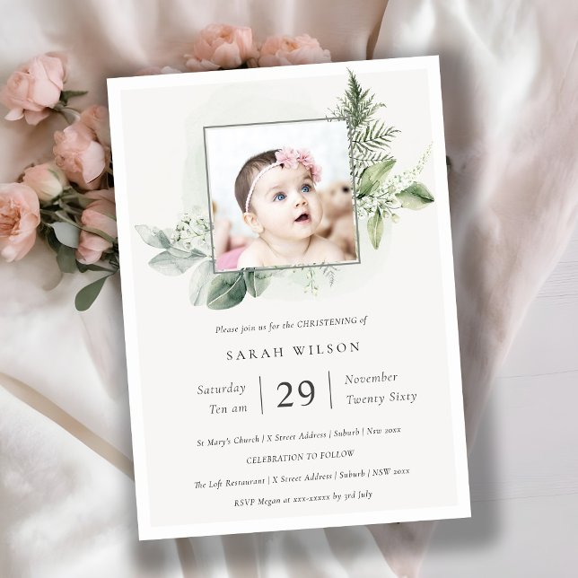Eucalyptus Fern Foliage Photo Christening Invite (Creator Uploaded)