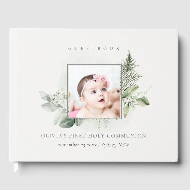 Eucalyptus Fern Foliage Photo First Holy Communion Guest Book (Front)
