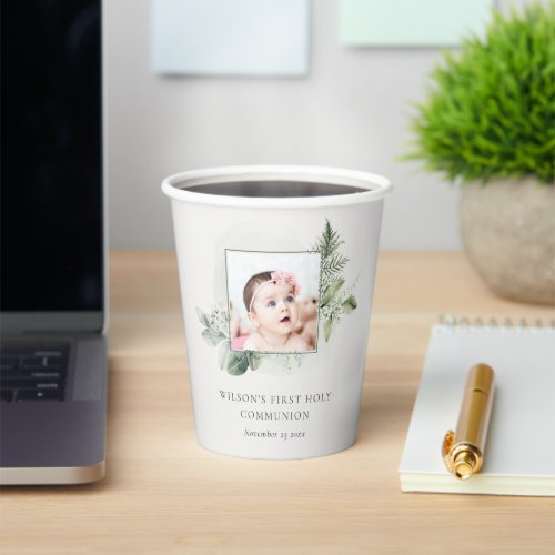 Eucalyptus Fern Foliage Photo First Holy Communion Paper Cups