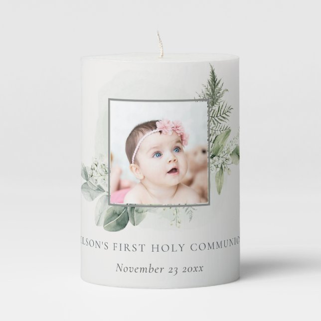 Eucalyptus Fern Foliage Photo First Holy Communion Pillar Candle (Front)