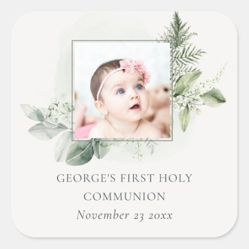 Eucalyptus Fern Foliage Photo First Holy Communion Square Sticker