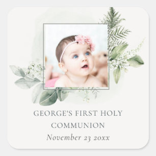 Eucalyptus Fern Foliage Photo First Holy Communion Square Sticker