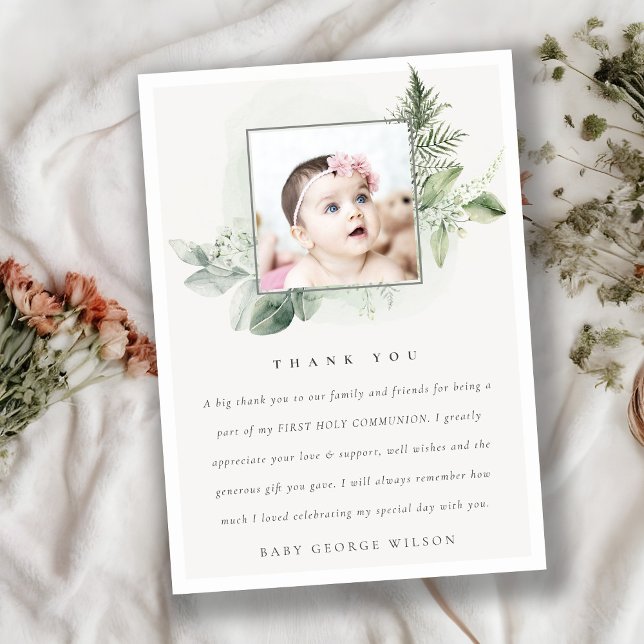 Eucalyptus Fern Foliage Photo First Holy Communion Thank You Card (Creator Uploaded)