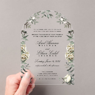 Eucalyptus Ferns White Flowers Archway Surnames Acrylic Invitations