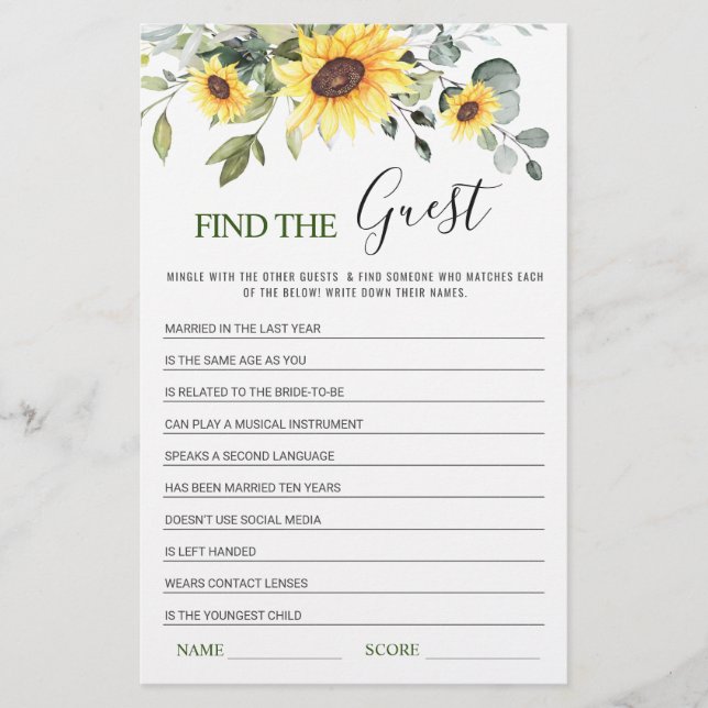 Eucalyptus Find the Guest Bridal Shower Game (Front)