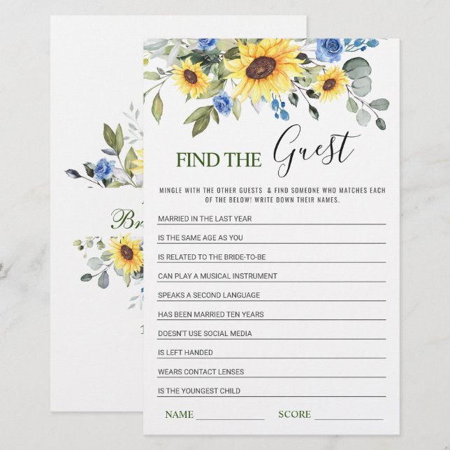 Eucalyptus Find the Guest Bridal Shower Game (Front/Back)