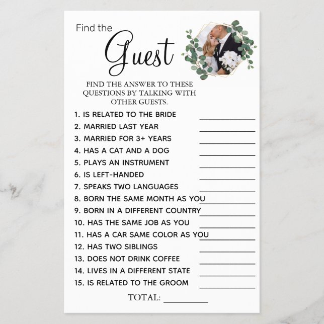 Eucalyptus Find the Guest Bridal shower game card Flyer (Front)