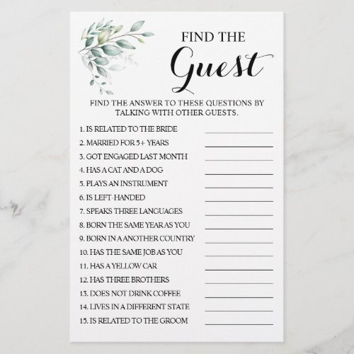 Eucalyptus Find the Guest Bridal Shower Game Card Flyer