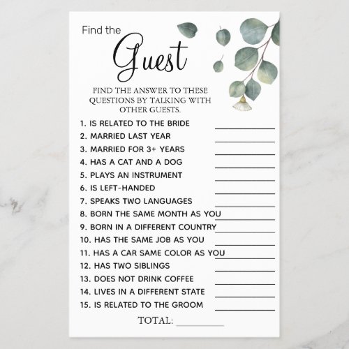 Eucalyptus Find the Guest Bridal shower game card Flyer