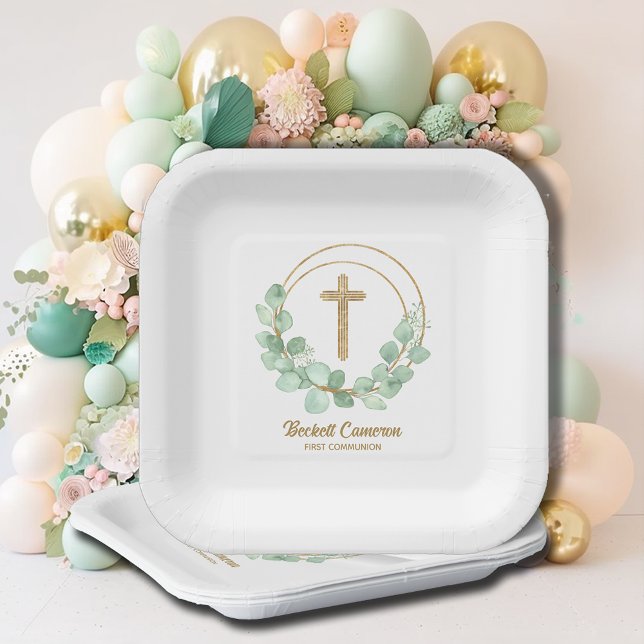Eucalyptus First Communion Gold Cross Paper Plates (Creator Uploaded)