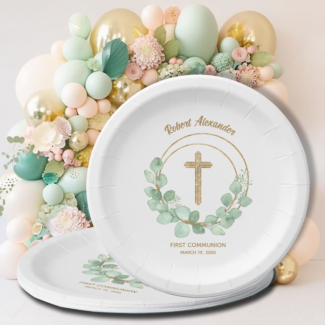 Eucalyptus First Communion Gold Cross Paper Plates (Creator Uploaded)