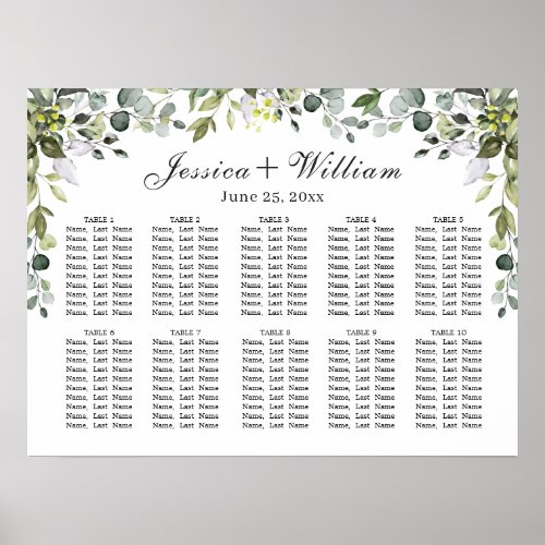 Eucalyptus Floral 10 Tables Wedding SEATING CHART