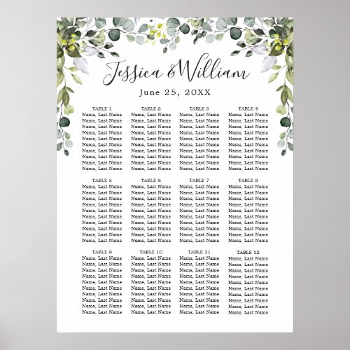 Eucalyptus Floral 12 Tables Wedding SEATING CHART