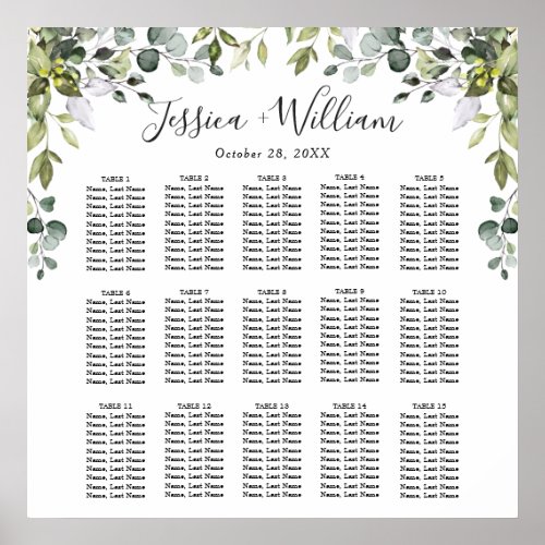 Eucalyptus Floral 15 Tables Wedding SEATING CHART