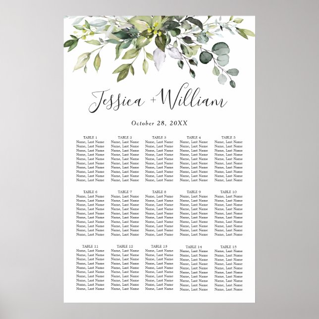 Eucalyptus Floral 15 Tables Wedding SEATING CHART (Front)