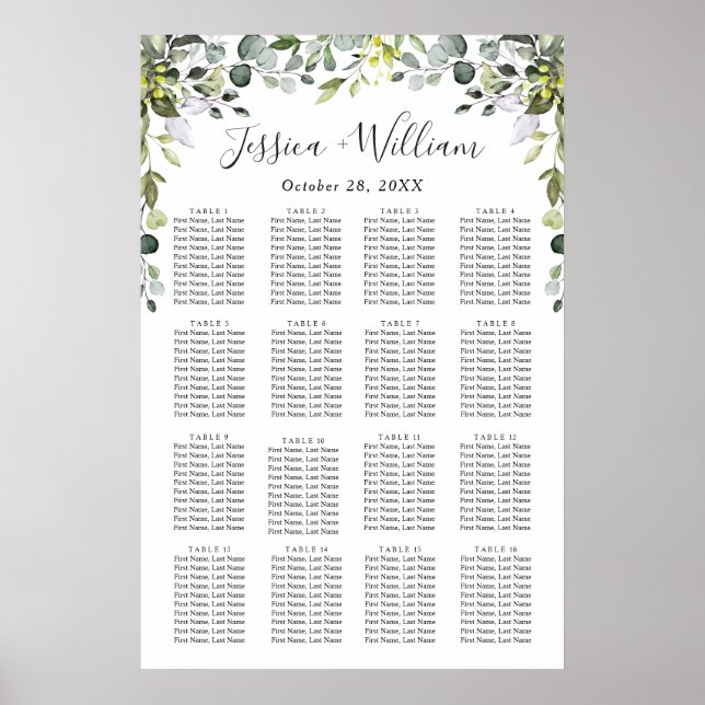Eucalyptus Floral 16 Tables Wedding SEATING CHART (Front)
