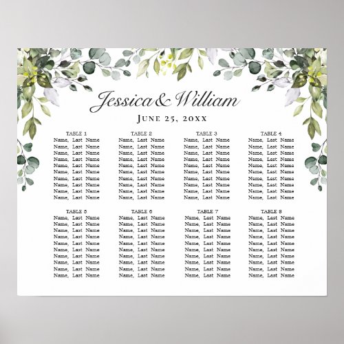 Eucalyptus Floral 8 Tables Wedding SEATING CHART