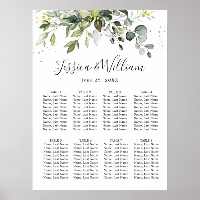 Eucalyptus Floral 8 Tables Wedding SEATING CHART (Front)