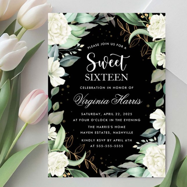Eucalyptus Floral Black Sweet Sixteen 16 Birthday Invitation (Creator Uploaded)