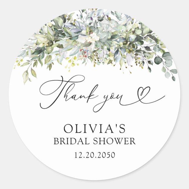 Eucalyptus Floral Bridal Shower Classic Round Sticker (Front)