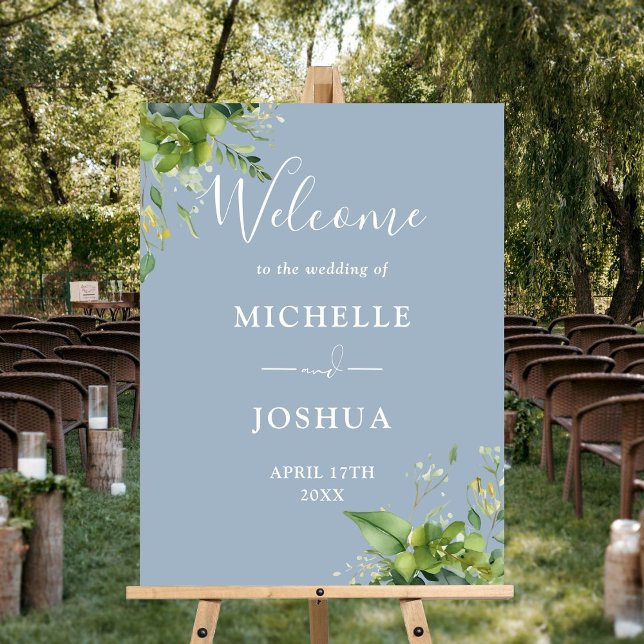 Eucalyptus Floral Dusty Blue Wedding Welcome Sign (Eucalyptus Floral Dusty Blue Wedding Welcome Sign)