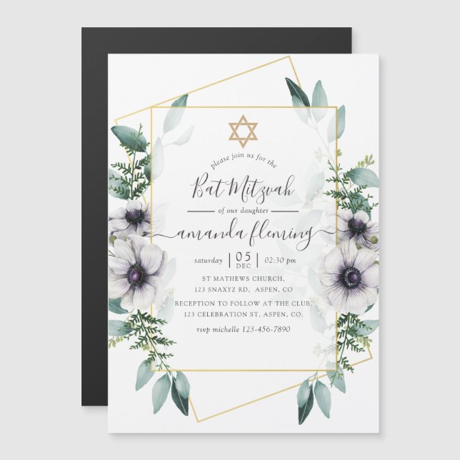Eucalyptus Floral Geometric Bat Mitzvah Magnetic Invitation (Front/Back)