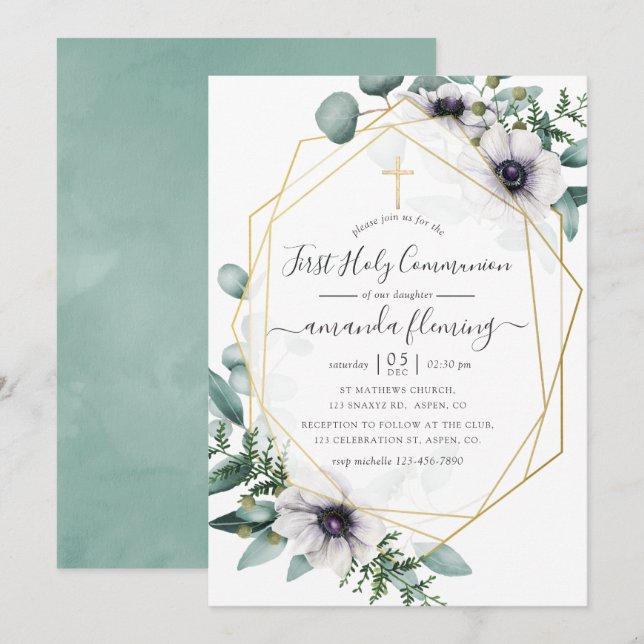 Eucalyptus Floral Geometric First Holy Communion Invitation (Front/Back)