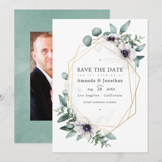 Eucalyptus Floral Geometric Wedding Photo Save The Date (Front/Back)