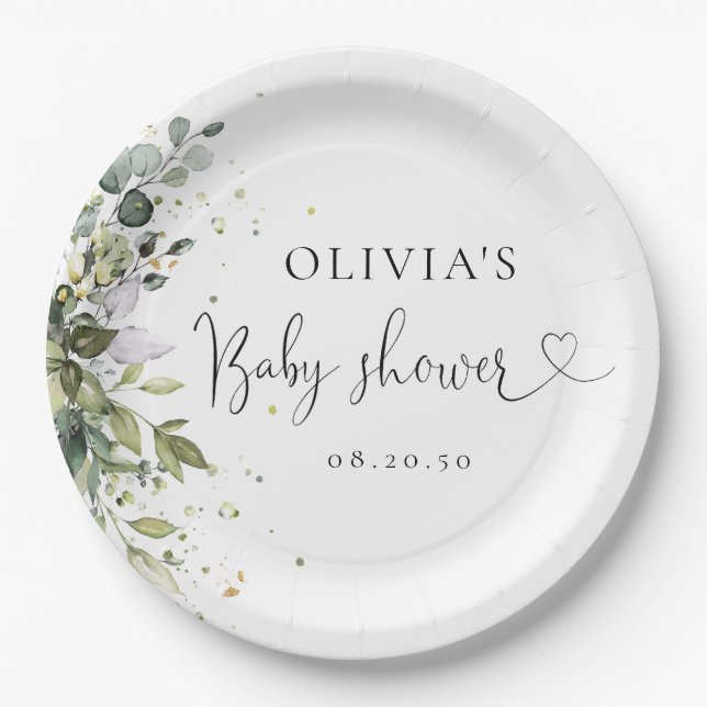 Eucalyptus Floral Greenery Baby Shower Paper Plates (Front)
