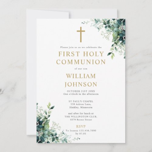 Eucalyptus Floral Greenery Monogram Holy Communion Invitation