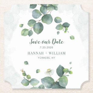 Eucalyptus Floral Greenery Script Save our Date Paper Coaster