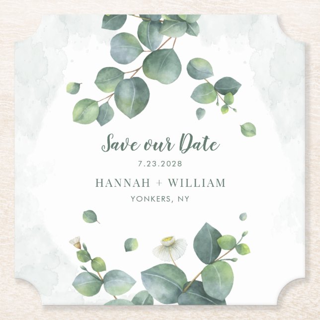 Eucalyptus Floral Greenery Script Save our Date Paper Coaster (Front)