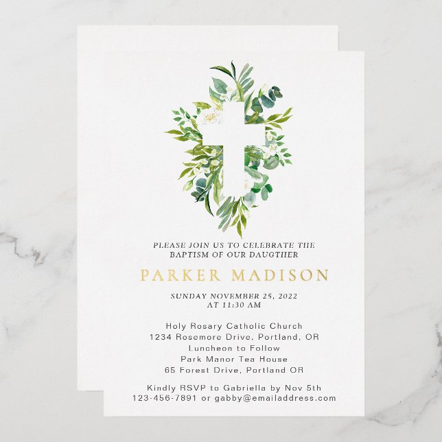Eucalyptus Floral Greens Cross Baptism Gold Foil Invitation (Front/Back)
