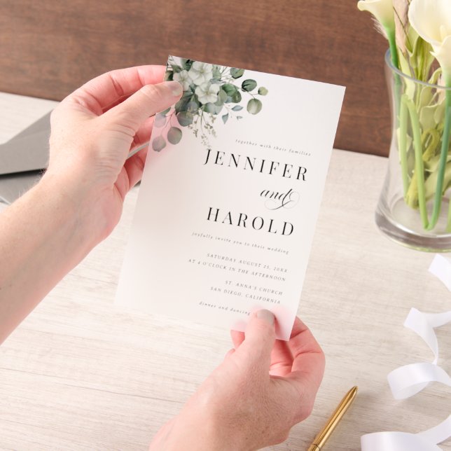 Eucalyptus Floral Minimal Plain Wedding Vellum Invitations (Handheld)