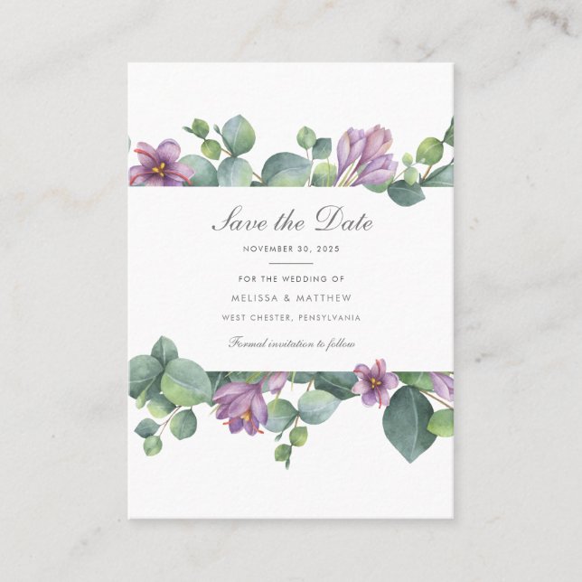 Eucalyptus Floral Modern Save The Date Card (Front)