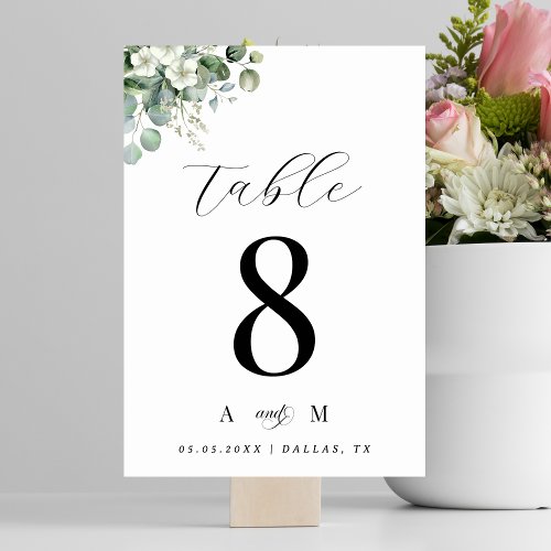 Eucalyptus Floral  Monogram Elegant White Wedding Table Number