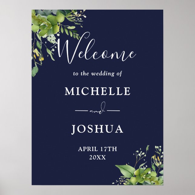 Eucalyptus Floral Navy Blue Wedding Welcome Sign (Front)