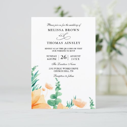 Eucalyptus Floral Orange Budget QR Code Wedding Invitation