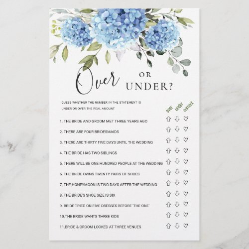 Eucalyptus Floral Over Or Under Bridal Shower Game