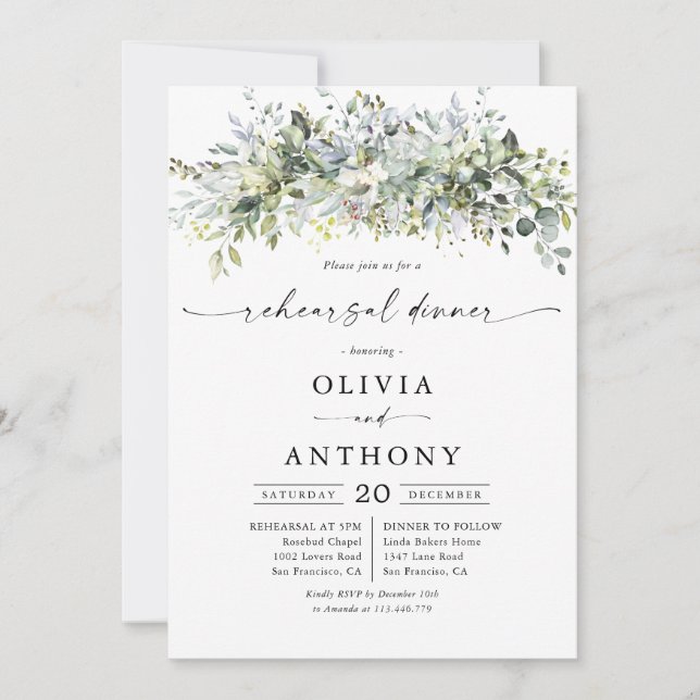 Eucalyptus Floral Rehearsal Dinner Invitation (Front)
